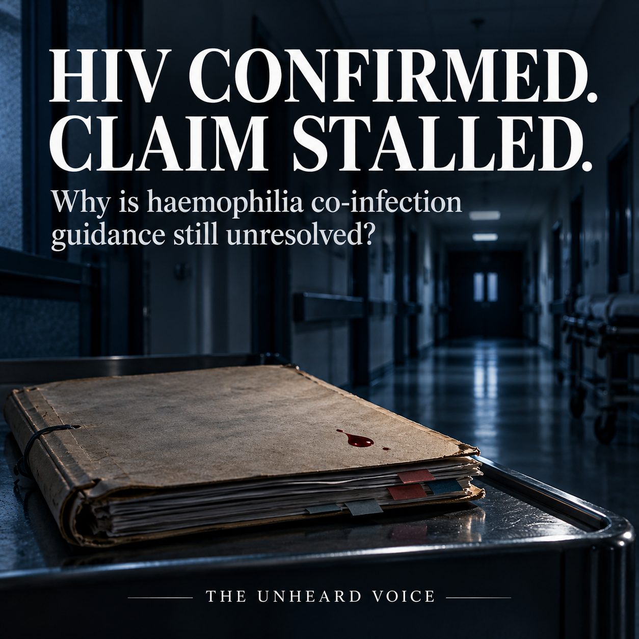 Midnight-blue illustration of an empty hospital corridor and an aged medical folder. White text reads: “HIV confirmed. Claim stalled. Why is haemophilia co-infection guidance still unresolved?” The Unheard Voice appears below.