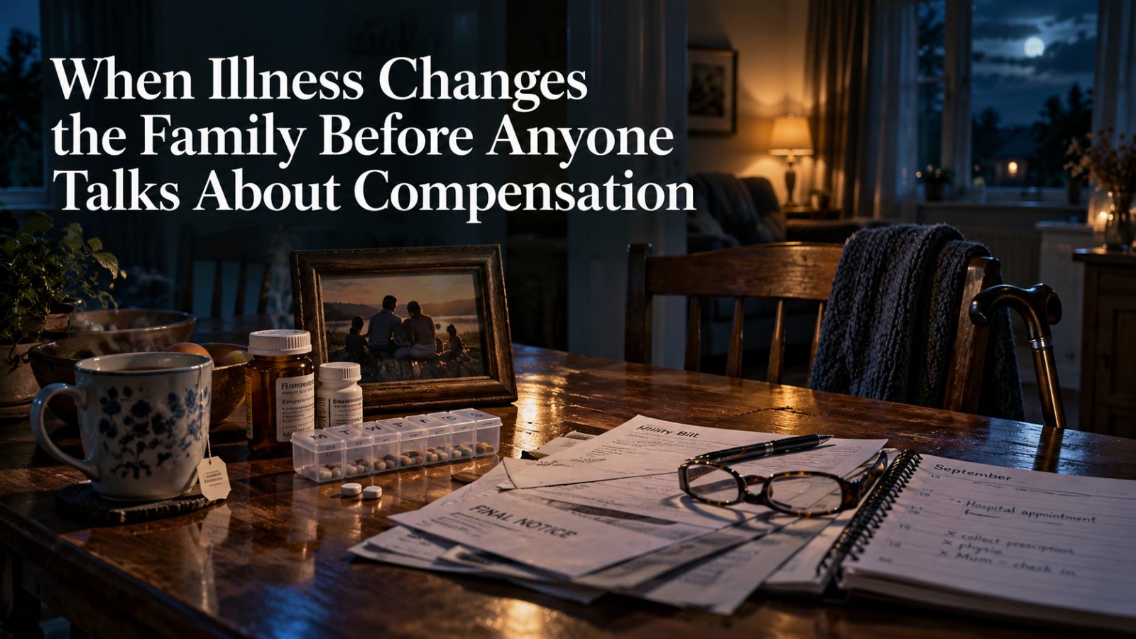 A moody evening scene shows a kitchen table covered with medication bottles, a weekly pill organiser, unpaid bills, a calendar marked with appointments, reading glasses and a framed family photo. An empty chair with a knitted cardigan and a walking cane beside it sits under the headline: “When Illness Changes the Family Before Anyone Talks About Compensation.
