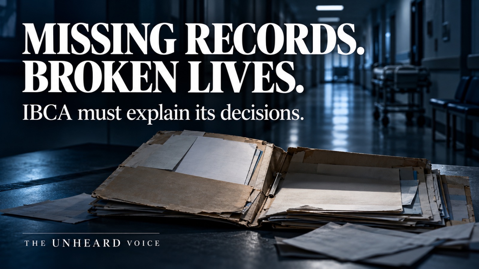 Midnight-blue illustration of an open medical folder and loose papers against an empty hospital corridor. White text reads: “Missing records. Broken lives. IBCA must explain its decisions.” The Unheard Voice branding appears below.