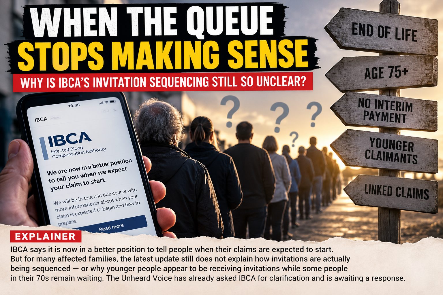Editorial graphic showing a long queue of people beneath question marks, with a phone displaying an IBCA update and signposts labelled “End of Life,” “Age 75+,” “No Interim Payment,” “Younger Claimants,” and “Linked Claims.” Headline reads: “When the Queue Stops Making Sense: Why Is IBCA’s Invitation Sequencing Still So Unclear?”