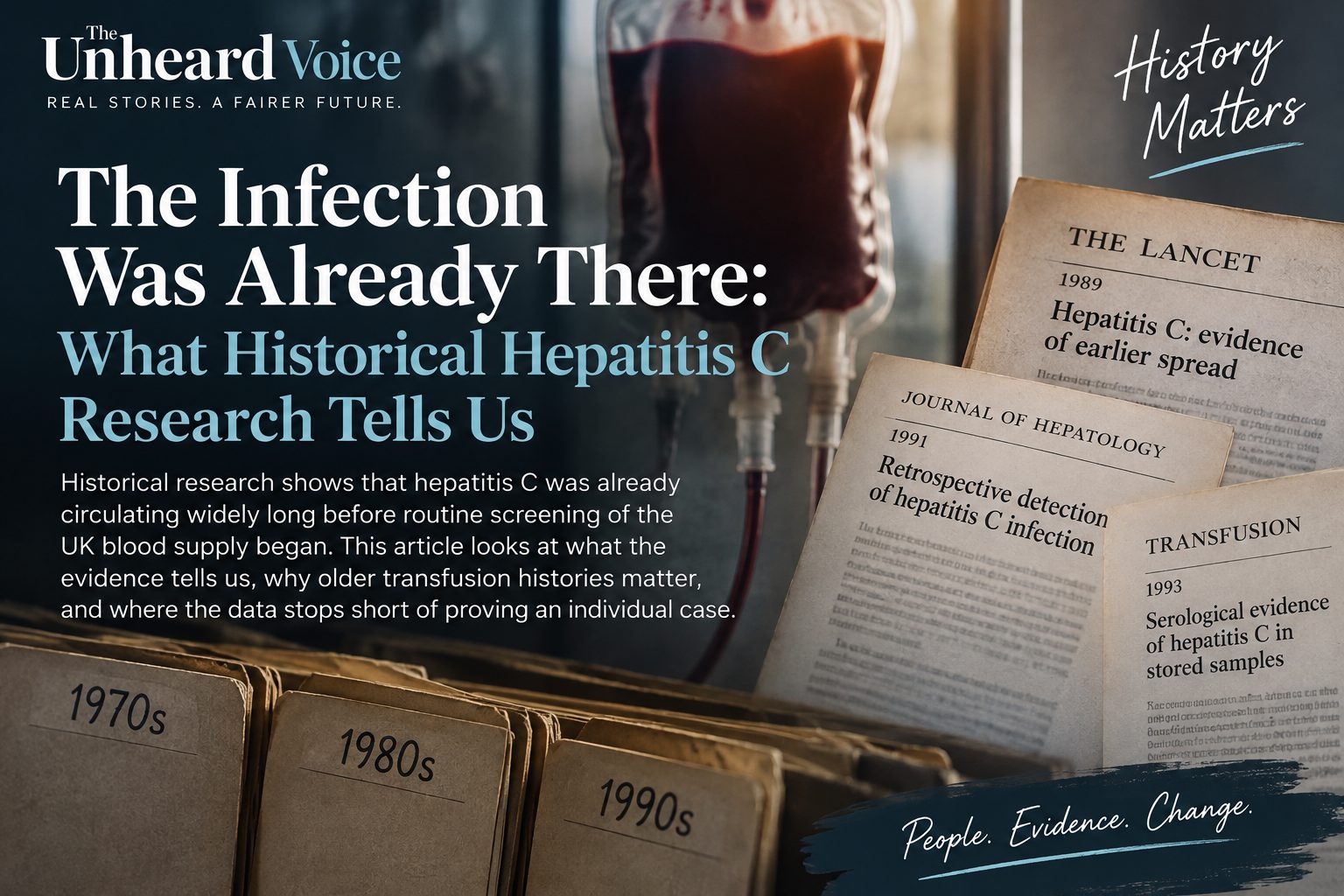 Documentary-style image showing an old blood bag, archival medical papers and folders marked 1970s, 1980s and 1990s, illustrating historical evidence about hepatitis C and blood transfusions before routine UK screening.