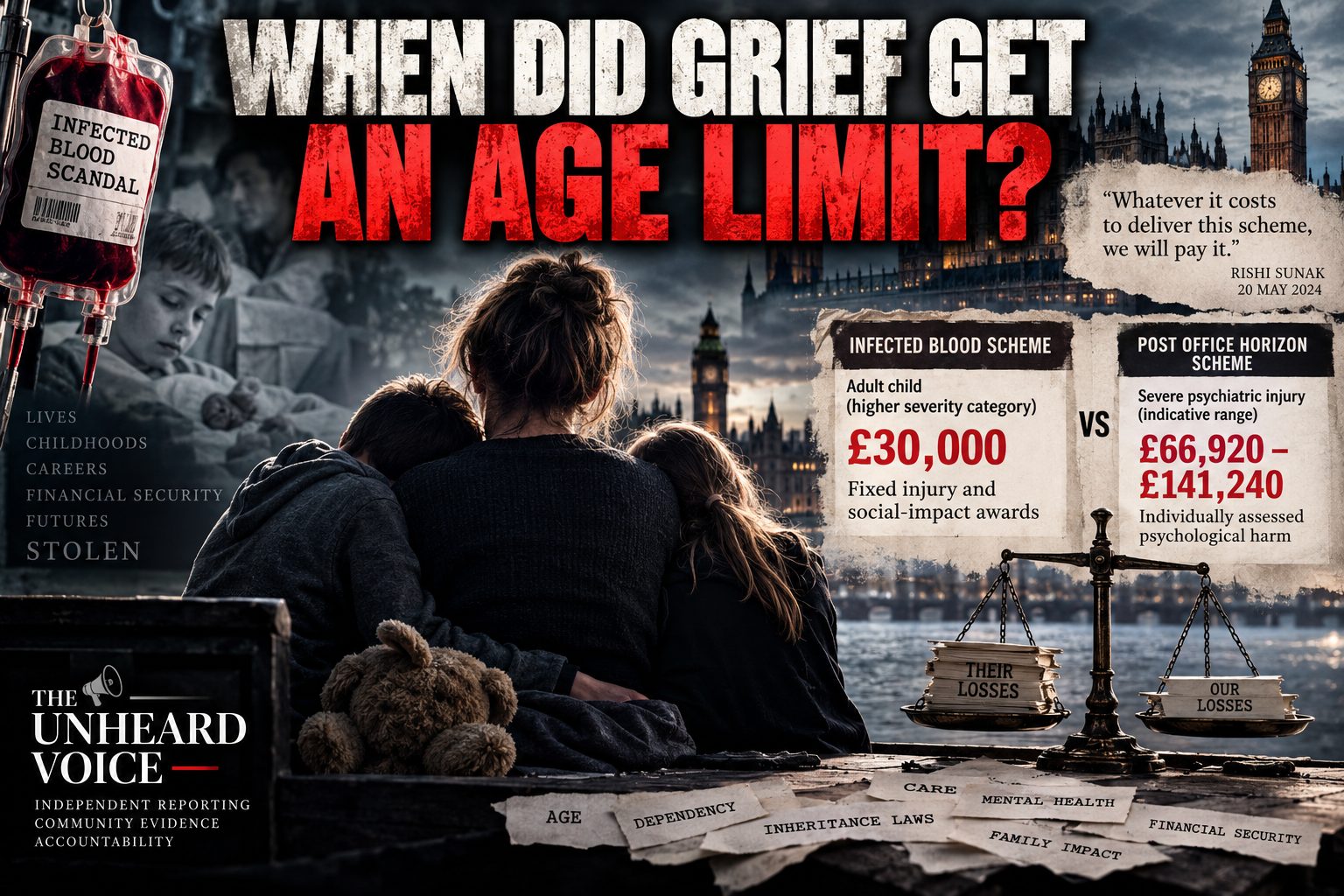 A dramatic midnight-blue image showing a grieving mother embracing two children, with the Houses of Parliament in the background. A contaminated blood bag, scales of justice and compensation figures highlight differences between the infected blood and Post Office Horizon compensation schemes. The headline reads: “When Did Grief Get an Age Limit?” The Unheard Voice branding appears in the lower corner.
