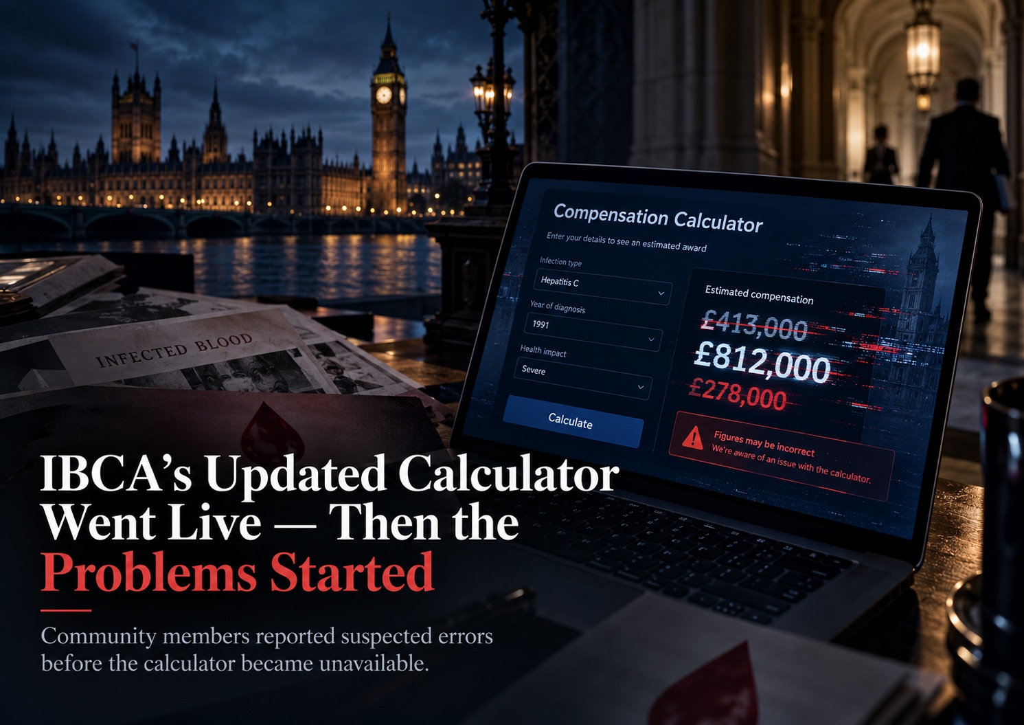 Alt text: Midnight-blue investigative graphic showing a laptop displaying a glitching compensation calculator with changing figures, alongside infected blood documents and the Houses of Parliament in the background. The headline reads: “IBCA’s Updated Calculator Went Live — Then the Problems Started.”