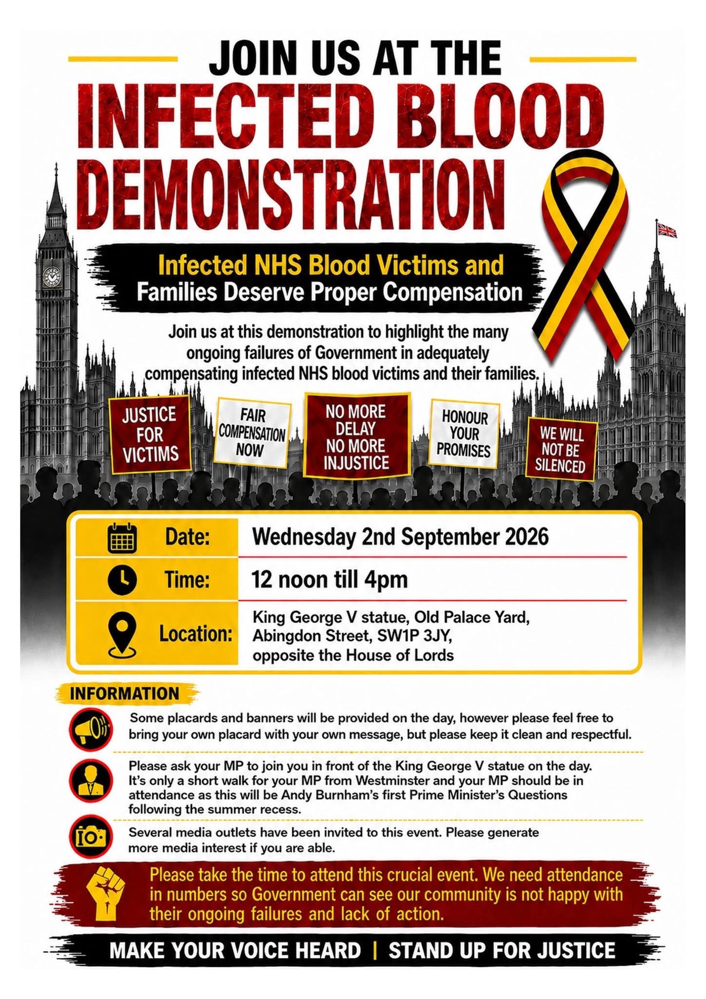 Campaign poster for the infected blood demonstration on Wednesday 2 September 2026, from 12 noon until 4pm at the King George V statue, Old Palace Yard, opposite the House of Lords.