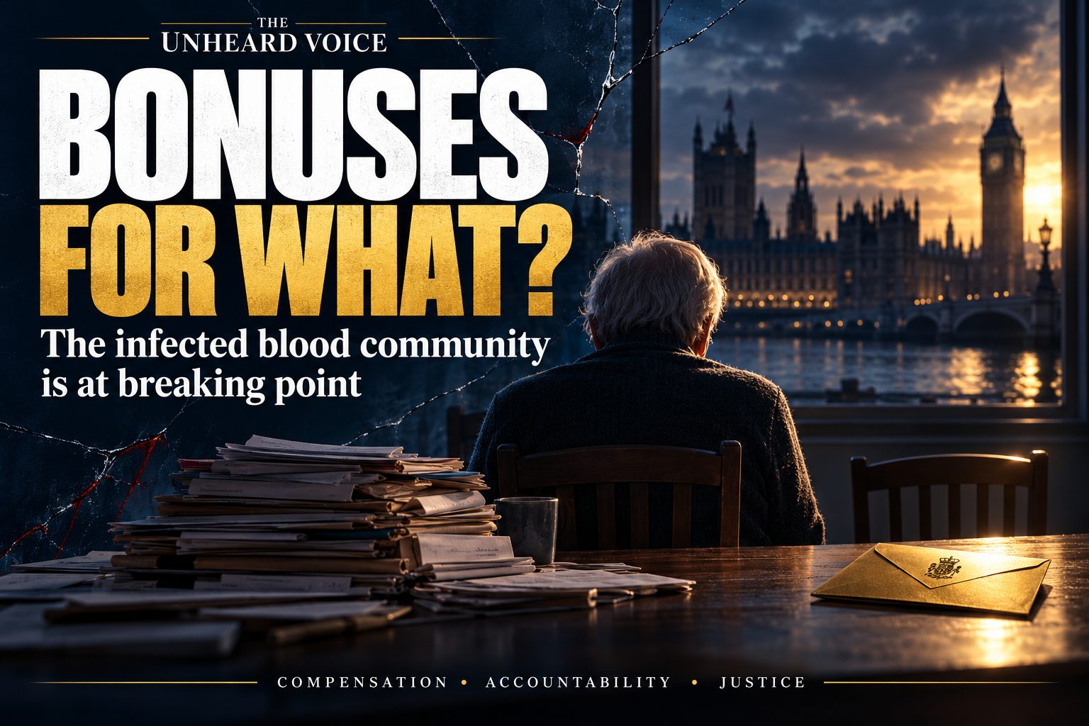 Editorial illustration of an older person seated beside medical paperwork and an empty chair, with Parliament beyond the window. White and gold text reads: “Bonuses for what? The infected blood community is at breaking point.”