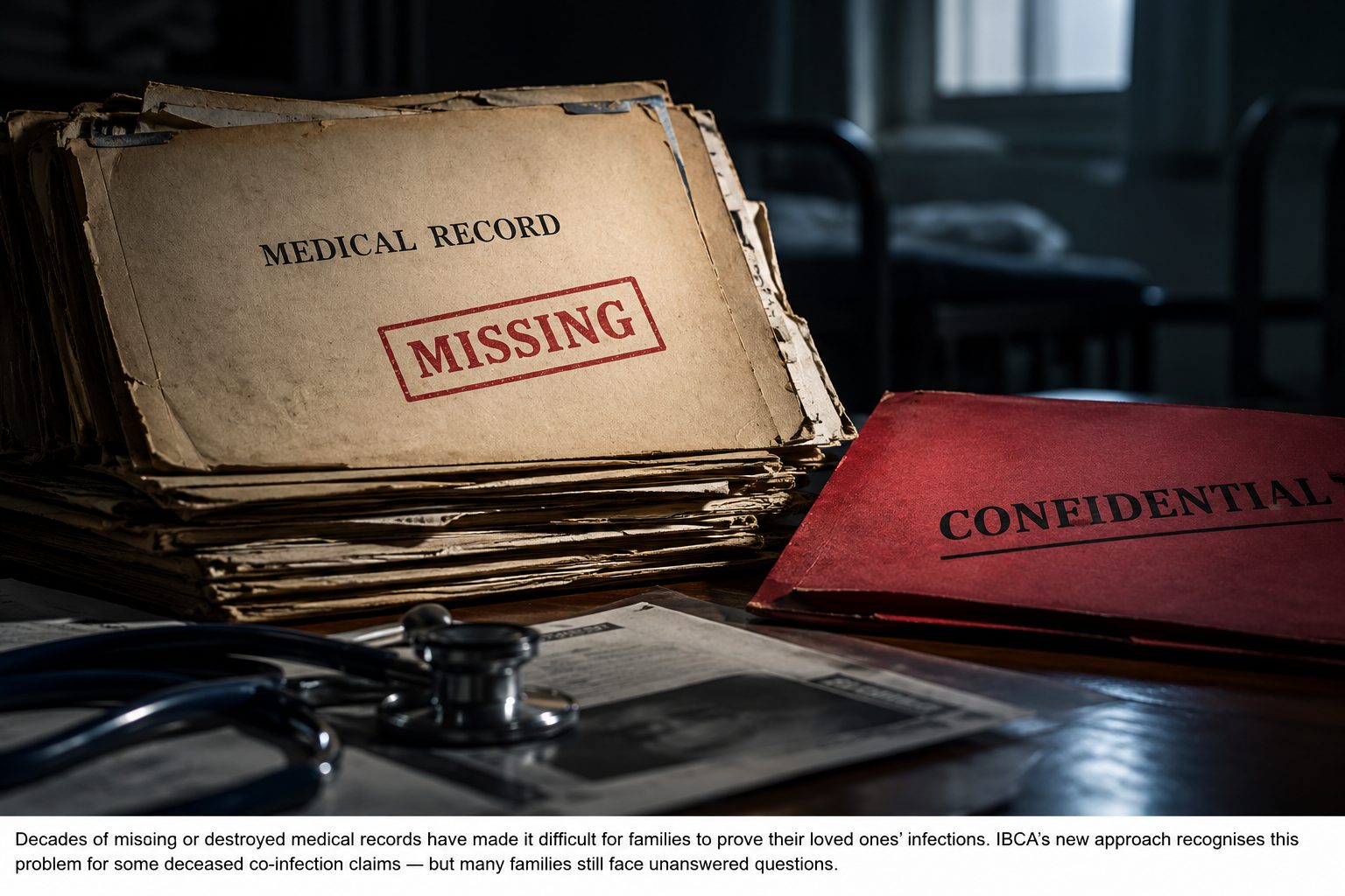 A stack of ageing medical records stamped “MISSING” sits beside a red confidential folder and a stethoscope in a darkened room, symbolising the missing evidence faced by families affected by the infected blood scandal.
