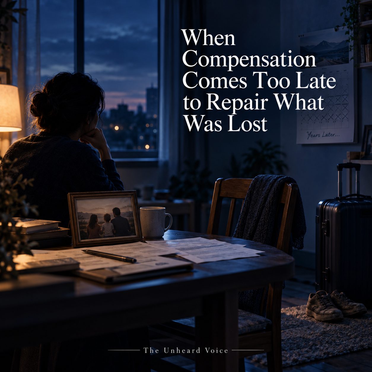 A solitary person sits at a table in a dimly lit home, surrounded by paperwork, a family photograph, an empty chair, a calendar marked with passing days, a suitcase and worn shoes. The midnight-blue scene reflects years of lost opportunities and sacrifice, with the headline: “When Compensation Comes Too Late to Repair What Was Lost.”