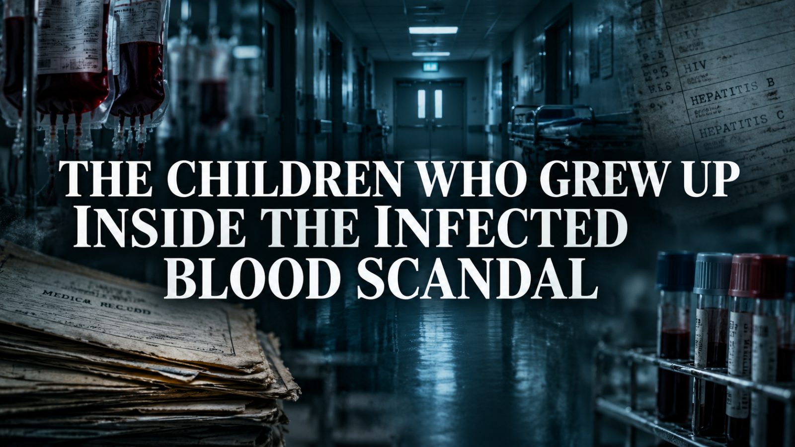 Dark blue hospital corridor with blood bags, old medical records and blood sample vials surrounding the headline: “The Children Who Grew Up Inside the Infected Blood Scandal.