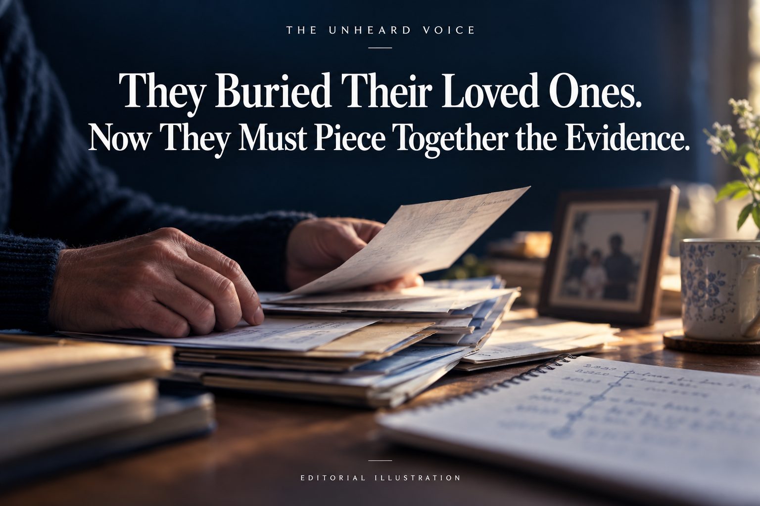 Editorial illustration of hands sorting paperwork beside a family photograph and handwritten notes. The headline reads: “They Buried Their Loved Ones. Now They Must Piece Together the Evidence.” Branded The Unheard Voice.