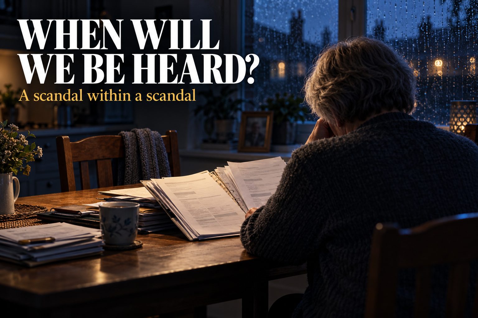 AI-generated illustration of an older adult reading medical records at a kitchen table beside an empty chair. Rain falls outside. Text reads: “When will we be heard? A scandal within a scandal.”