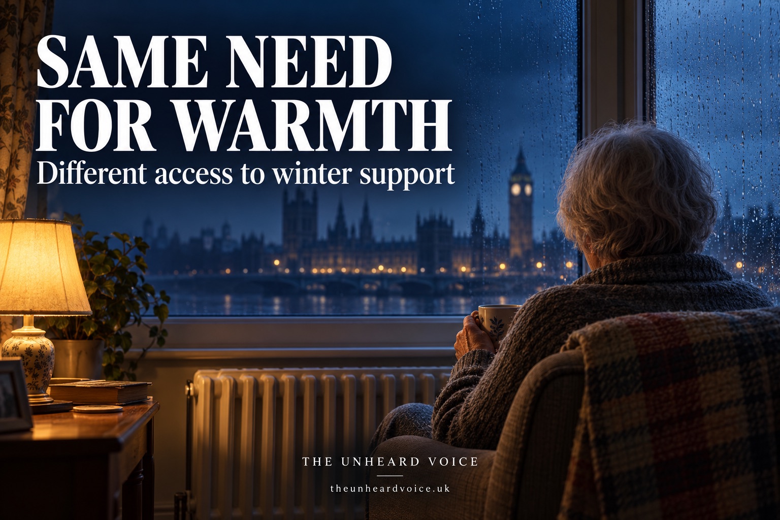 Midnight blue illustration of an older person holding a mug beside a radiator and rain-covered window, with Parliament in the background. Text reads: “Same need for warmth—Different access to winter support.” The Unheard Voice branding appears below.