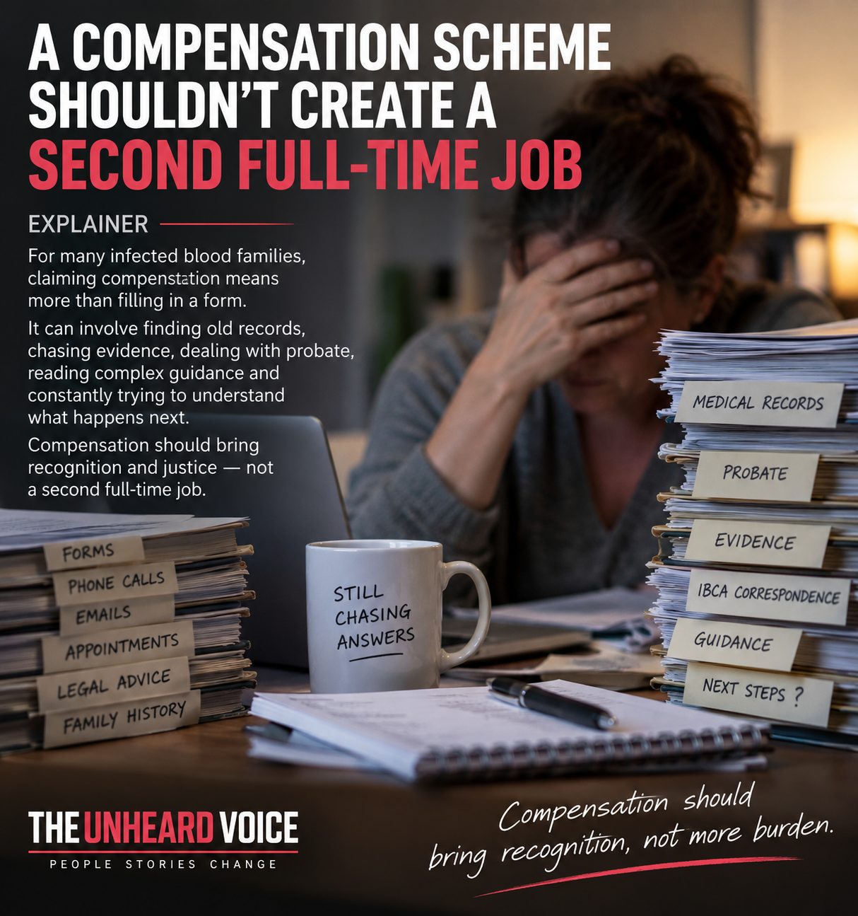 A woman sits overwhelmed at a desk surrounded by stacks of paperwork labelled medical records, probate, evidence, emails, legal advice and IBCA correspondence. The headline reads: “A Compensation Scheme Shouldn’t Create a Second Full-Time Job.”